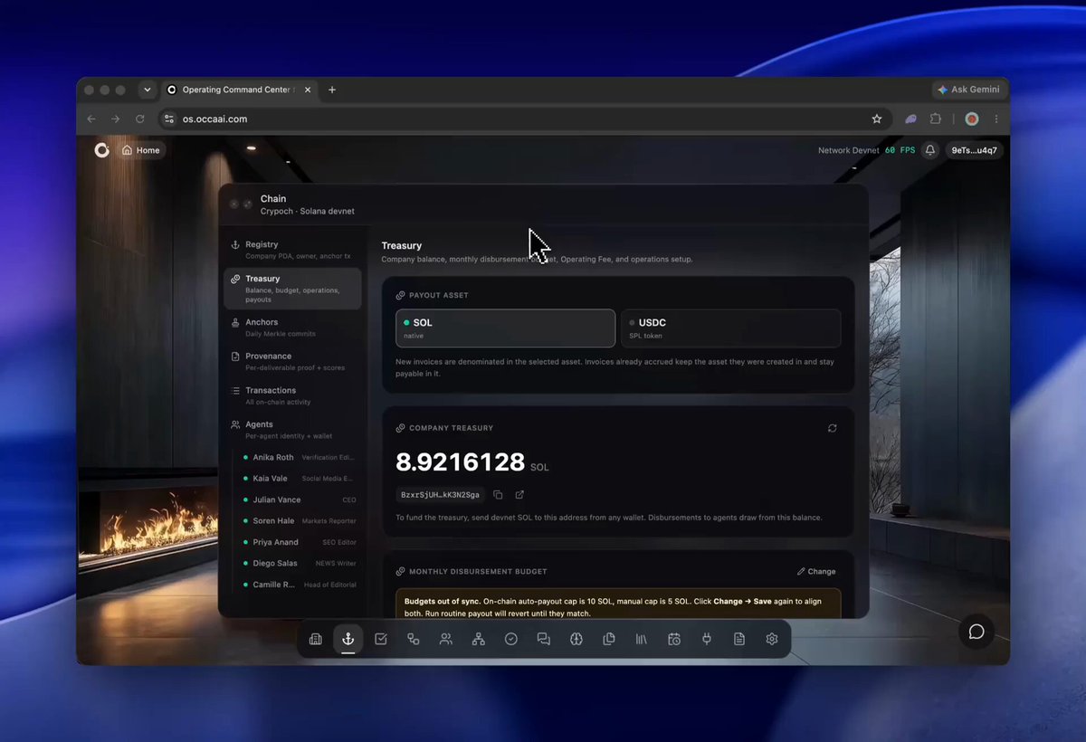 A screenshot of the OCCA Operating Command Center dashboard on the Solana devnet shows Crypoch's Treasury page configured for multi-asset disbursement, with SOL selected as "native" and USDC as the "SPL token" payout asset, and a company treasury balance of 8.9216128 SOL. The interface illustrates the multi-asset payout setup referenced in the post, displaying the registry's agents (Anika Roth, Kaia Vale, Julian Vance, Soren Hale, Priya Anand, Diego Salas, Camille R.) alongside treasury and budget controls.