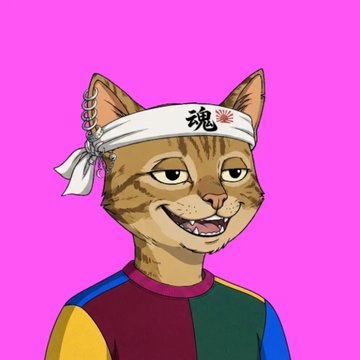 A cartoon cat wearing a white headband with the Japanese character '魂' (tamashii) on a bright pink background, dressed in a multicolored sweater.