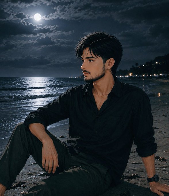 In this image, a young man with short hair sits on the beach at night, looking out towards the ocean under a full moon. He's dressed casually in a black shirt and pants. The photo captures his contemplative pose as he gazes into the distance. In the background, there are palm trees visible along the shoreline, adding to the serene atmosphere of the scene.