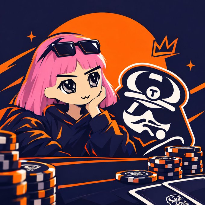 An anime-style girl with pink hair and sunglasses rests her chin on her hand, sitting at a table stacked with orange and navy poker chips, alongside a large "T" branded gorilla logo. The illustration pairs perfectly with the "GM CT" post inviting followers to gamble with ToshiBet.
