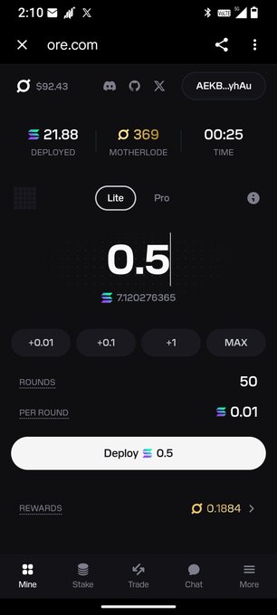 Mobile screenshot of ore.com crypto mining interface showing 21.88 deployed, 369 motherloade, 0.5 SOL being deployed across 50 rounds, with estimated 0.1884 rewards.