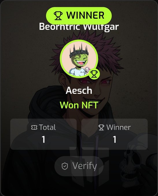 NFT winner screen declaring 'Beorntric Wulfgar' as the winner, with username Aesche celebrating 'Won NFT', showing Total: 1 and Winner: 1.
