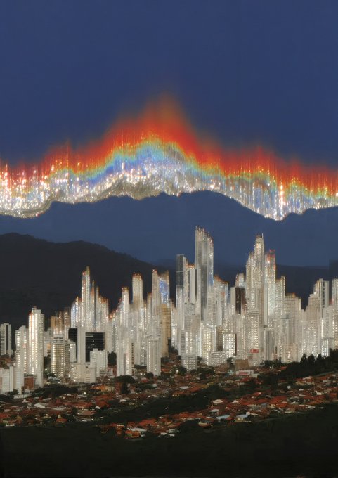 A nighttime cityscape shows illuminated skyscrapers silhouetted against a mountain range, with the city lights appearing to bleed and blur upward into the sky in a colorful, glitch-like aurora of red, blue, and yellow — visualizing the creative, abstract spirit often associated with Tezos and NFT art.