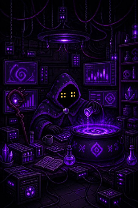 A pixel art illustration depicts a hooded purple-robed figure with glowing yellow eyes brewing a potion in a cauldron, surrounded by monitors displaying charts and arcane symbols in a dark tech-magic lab.