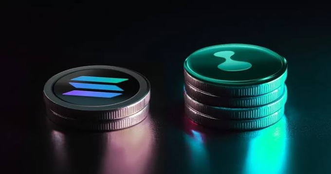 Two stacks of cryptocurrency coins sit on a dark reflective surface; the left coin displays the Solana logo in purple-blue gradient, while the right stack of three coins features the Sui logo glowing in teal.