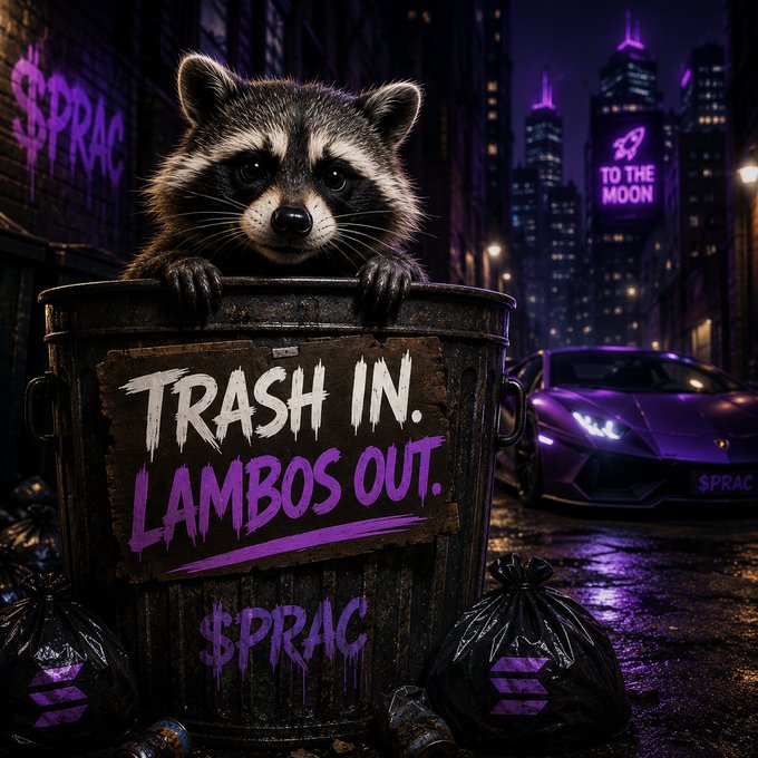 iced coffee with a raccoon mascot, "Trash In, Llamos Out," on a black bucket against a city skyline backdrop.