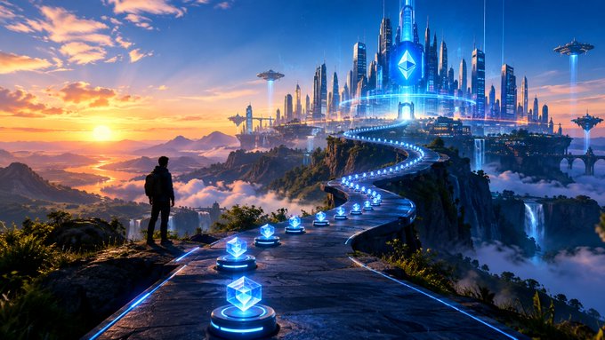 A digital artwork showing a silhouetted figure standing on a glowing pathway lined with blue crystalline orbs, overlooking a futuristic city with floating structures and an Ethereum (ETH) logo against a sunset sky.