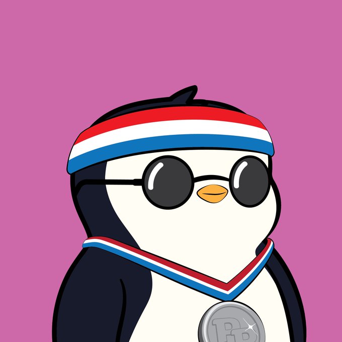A cartoon penguin wearing round sunglasses and a red, white, and blue striped headband and medal, set against a pink background.