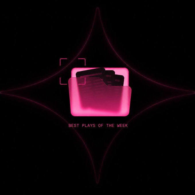 A neon pink glowing folder icon centered on a black background with pink glowing framing brackets and the text "BEST PLAYS OF THE WEEK" below it.