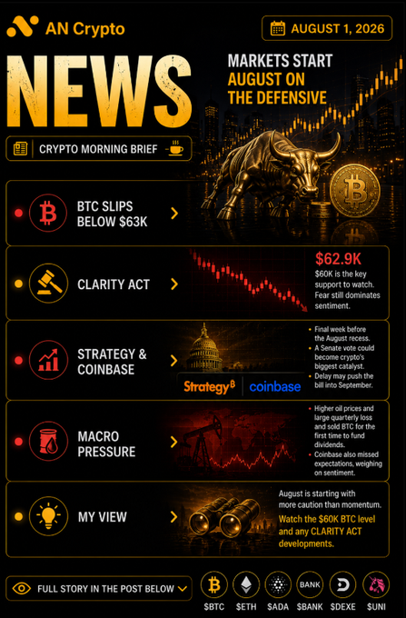 An 'AN Crypto' morning brief dated August 1, 2026, with headlines including 'BTC slips below $63K', 'Clarity Act', 'Strategy & Coinbase', and 'Macro Pressure'.