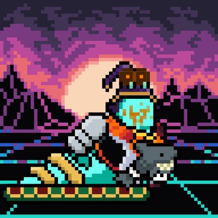 A pixel art scene of a character wearing a crown and futuristic helmet riding a jet ski at sunset, with a vibrant pink and purple sky.