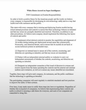 A page titled 'White House Award on Super Intelligence' detailing a Joint Commitment on Frontier Responsibility with four numbered principles regarding internal controls, partner verification, information sharing, and public confidence.