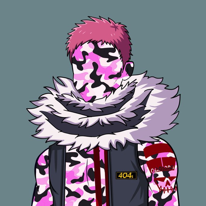A stylized digital illustration of a character with a pink and white camo face, a fluffy fur-lined hoodie, and pink camo tattoo sleeves, featuring a "404₃" badge on the jacket. The artwork represents the @swipe404 / @404s_ethereum NFT project referenced in the post, with the "404" branding directly tying the visual to the free mint project being promoted.