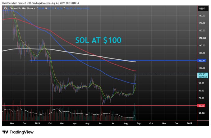 TradingView chart of SOL/USDT showing price around $101.95 with text overlay 'SOL AT $100', displaying multiple moving averages on a daily timeframe chart.