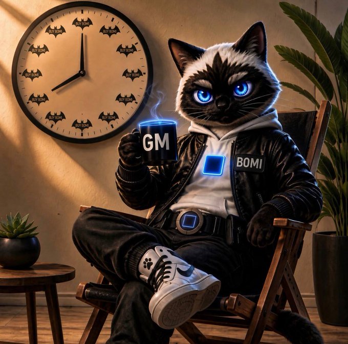 A Siamese cat with striking blue eyes sits in a wooden chair wearing a black jacket and hoodie, holding a steaming mug labeled 'GM,' with a Batman-themed clock and 'BOMI' text visible.
