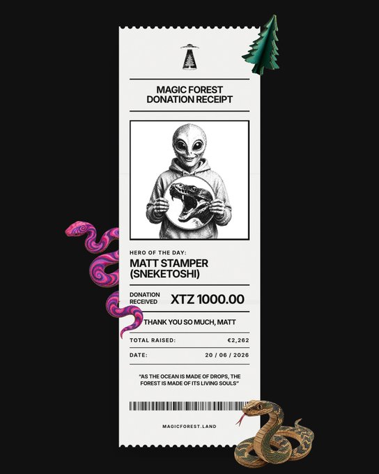 The image features a post from the Magic Forest brand that includes an itemized receipt of $1,200.00 worth of merchandise donated by the artist @Sneketoshi, which was given to them as a thank you for their support and contribution to the Tezos ecosystem. The item shown in the image is a T-shirt adorned with illustrations of snakes wrapped around a person's arm and a headband with an antennae design.