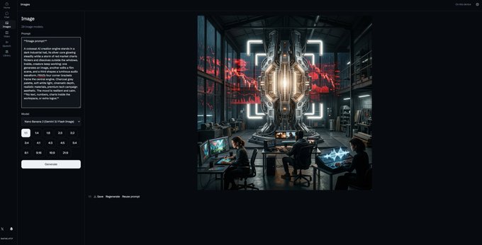 A screenshot of an AI image generation interface (Aurora) showing a sci-fi control room scene being created, with prompt options and generation settings visible.