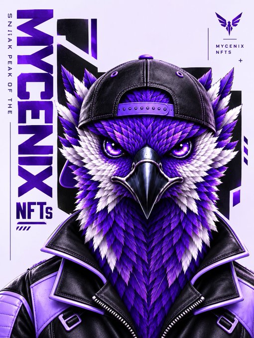 Digital art featuring a purple bird-like character wearing a black cap and leather jacket, with text reading 'MYCENIX NFTS' and 'SNIAK PEAK OF THE'.