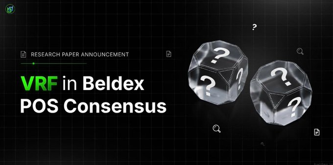 A research paper announcement for 'VRF in Beldex POS Consensus' displays two glass icosahedrons with question marks on a dark grid background.