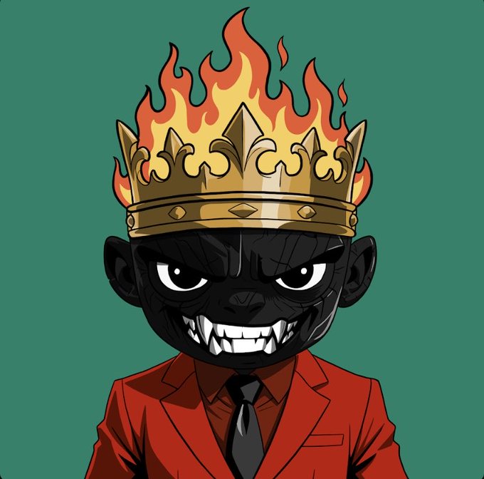 An illustration of a sinister black-faced character with fangs wearing a flaming golden crown and a red suit with black tie.