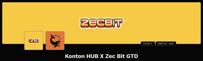 A bright yellow and black promotional banner displays the stylized "ZEC BIT" logo alongside an Ordica Network icon, with the tagline "Konton HUB X Zec Bit GTD" at the bottom, promoting a collaboration between Konton HUB and Zec Bit with guaranteed spots available for community members.
