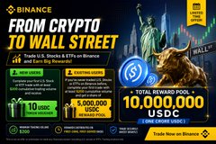 The image features a poster that advertises a cryptocurrency trading platform offering a 10,000,000 USDC reward pool, specifically targeting users from the United States who are interested in trading U.S. stocks or options. The poster includes information about the event, such as its location (Wall Street) and how to participate. Various images of stock symbols are used throughout the poster, with one particularly noticeable image being a bull statue positioned on Wall Street.