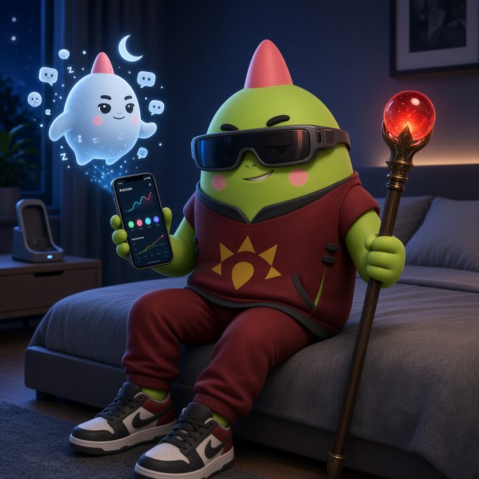 A green alien-like cartoon character wearing sunglasses, a maroon hoodie, and holding a phone with a chart, sits on a bed while a small ghost-like creature with 'Z's floats beside it.