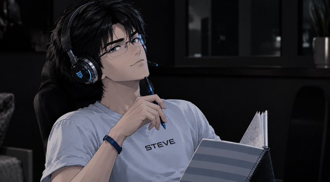 An anime-style illustration of a young man wearing glasses, headphones, and a shirt reading 'STEVE', holding a pen and a striped book in a dimly lit room.
