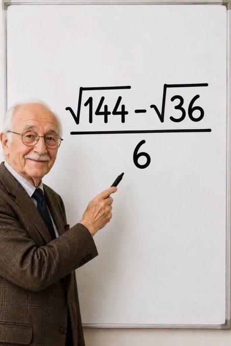 An elderly man with glasses and a mustache pointing at a whiteboard displaying the math expression '√144 - √36 / 6' written in black marker.