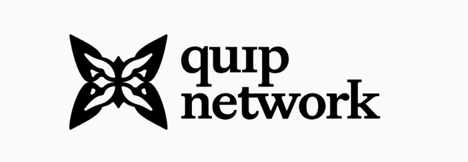 The black and white logo for 'quip network' featuring a stylized geometric butterfly icon next to the lowercase text.