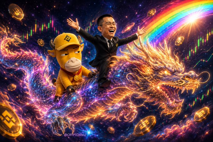 A vibrant digital artwork credited to '@CRYPTOANU' depicting a man in a suit riding a fiery dragon alongside a bull mascot, surrounded by Binance coins, a rainbow, and stock chart candles.