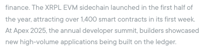The image shows a section of text discussing the launch of the XRPL EVM sidechain in the first half of the year, which attracted over 1,400 smart contracts in its first week. It also mentions developers showcasing new high-volume applications at Apex 2025. The "1,400 smart contracts" figure referenced in the text relates to the Ripple Impact report, which the post suggests may change given the recent demise of Strobe.