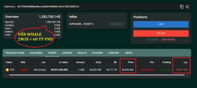 A cryptocurrency trading dashboard showing a SHORT position on BTC at 64,943.60$ with 40x leverage, featuring Vietnamese annotations including 'VON WHALE' and '2M3$ = 60 TỶ VNĐ', along with PnL and Liquidation price columns.