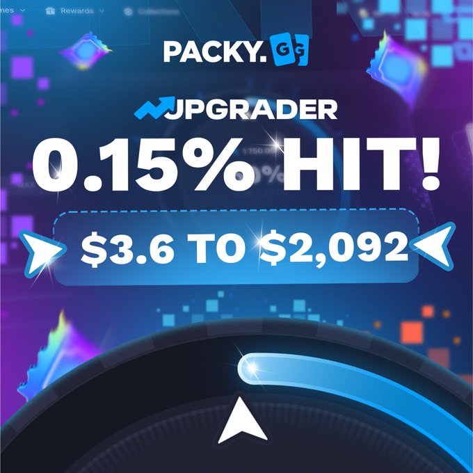 The image is a promotional graphic celebrating a 0.15% Upgrader hit on PACKY, showing how $3.6 was turned into $2,092. It features bold text, arrows, and a speedometer-style gauge against a vibrant blue digital background.