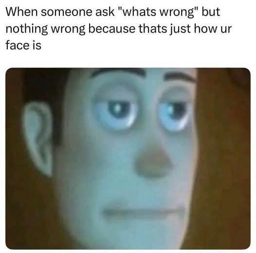 A meme featuring a close-up of a cartoon character's tired, unimpressed face with the caption 'When someone ask "whats wrong" but nothing wrong because thats just how ur face is'.
