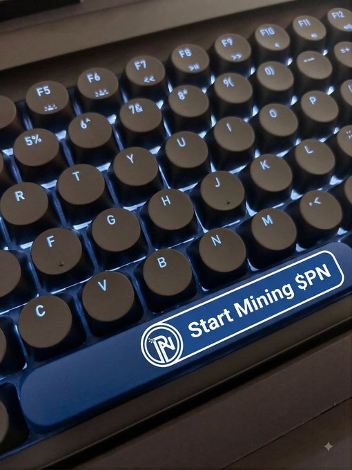 Close-up of a backlit typewriter keyboard with round keys, featuring a prominent blue spacebar labeled 'Start Mining $PN' alongside a pickaxe logo.