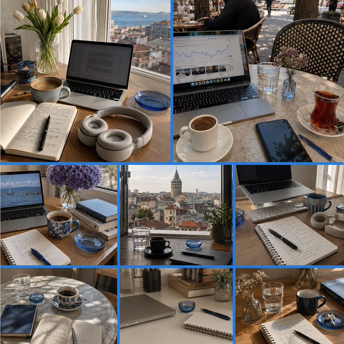 A collage of six lifestyle images showing workspaces with laptops, coffee cups, notebooks, and scenic views including a Turkish-style cityscape with a tower.