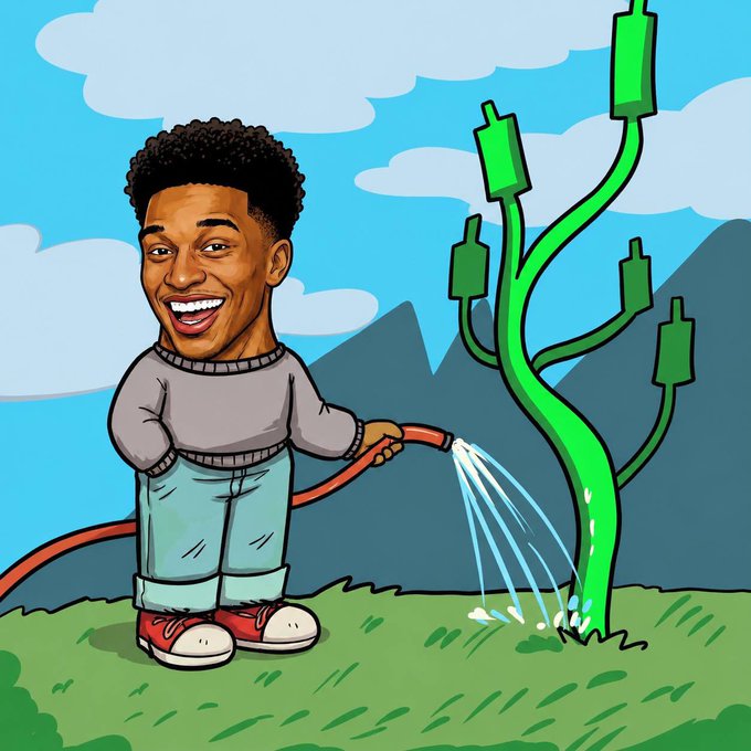 A cartoon-style illustration shows a smiling man with an oversized head watering a green, cactus-like tree with bullish candlestick shapes using a red hose in a grassy field.