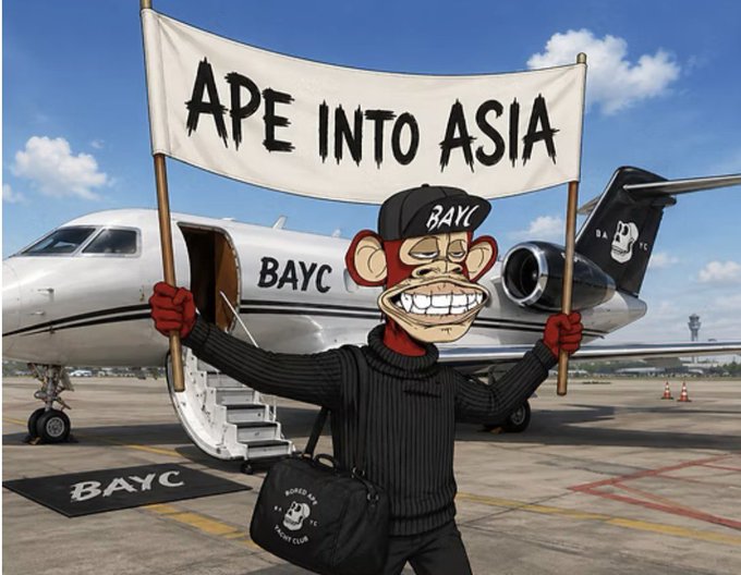 A Bored Ape Yacht Club (BAYC) mascot stands on a tarmac in front of a branded private jet, holding a banner reading "APE INTO ASIA," announcing the club's 12-day, seven-city tour across Asia to engage with members and discuss BAYC, ApeCoin, ApeChain, and Otherside.