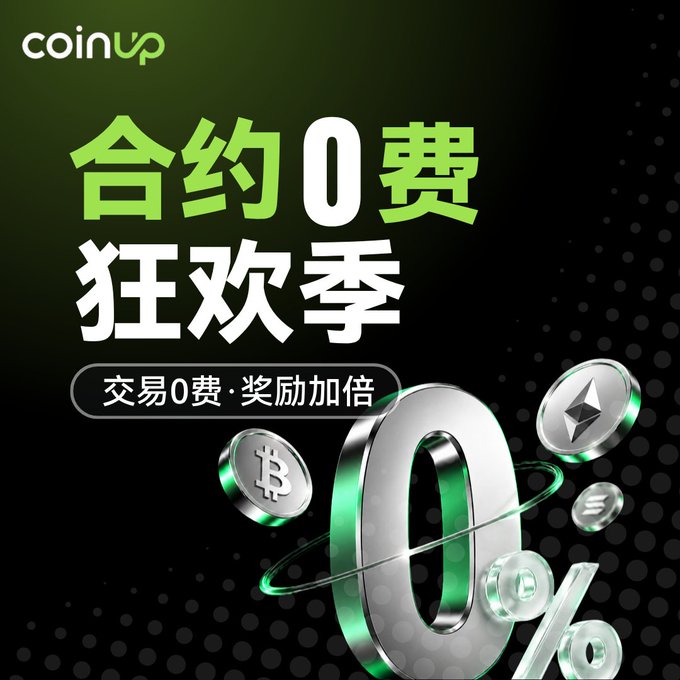 A promotional graphic for CoinUp featuring Chinese text "合约0费 狂欢季" (Contract Zero Fee Carnival) and "交易0费·奖励加倍" (Zero Trading Fee, Double Rewards) alongside 3D-rendered cryptocurrency coins.