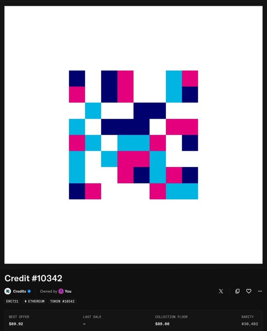 NFT artwork 'Credit #10342' by ERC721 on Ethereum showing a pixelated abstract design in pink, blue, and navy, with a best offer of $89.92 and rarity rank #30,462.