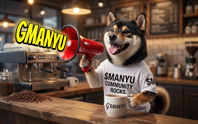 The image features a dog wearing a white t-shirt with black text that reads "G to the MANYU GM GMANYU G' $MANNYU". The dog appears to be sitting at a counter, holding a red megaphone in its mouth and smiling. In front of the dog is a coffee cup filled with coffee beans.