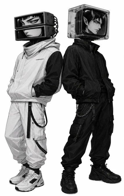 A black and white anime-style illustration of two figures with vintage monitor or TV screens for heads, wearing modern streetwear including hoodies, cargo pants, and sneakers.