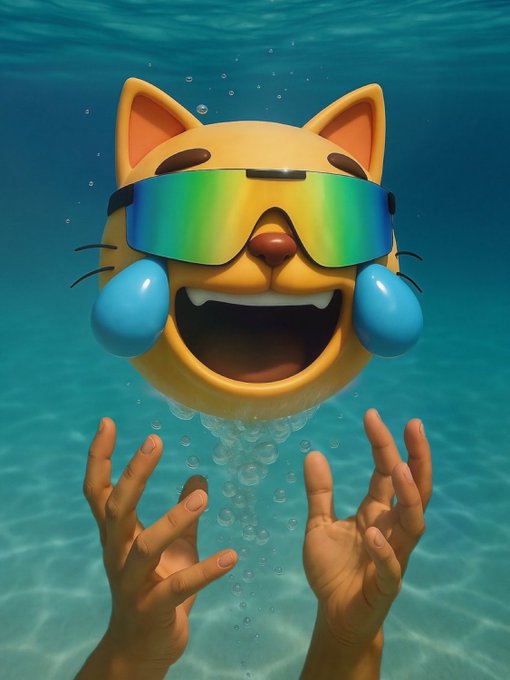 The image depicts a pair of hands reaching up towards a cat with sunglasses, goggles, and blue eyes that are submerged underwater in the ocean. The photo has been watermarked as a part of a promotional or advertising campaign for something called "MOG".