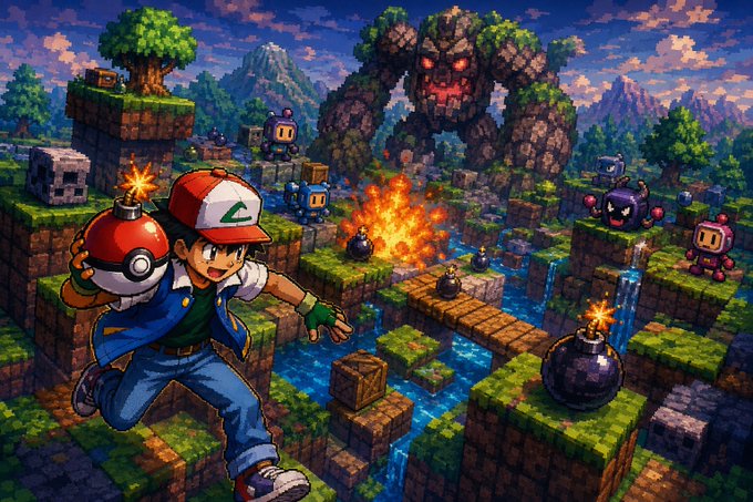 The image shows a pixel-art style scene featuring a character resembling Ash Ketchum from Pokémon, wearing his signature red and white cap with a green "L" logo, holding a Poké Ball that doubles as a bomb. In the background, a giant stone golem with glowing red eyes looms over a blocky landscape filled with explosive bombs, Bomberman-style robots, and pixelated trees, blending Pokémon and Bomberman aesthetics. This visually merges the "Retro pixels" and "explosive gameplay" themes described in the post, illustrating the #PokéBomber memecoin concept where Pokémon-style adventure meets Bomberman-style bomb-throwing action.
