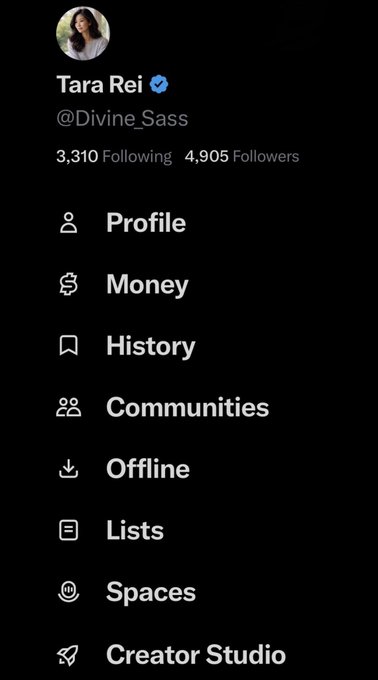 A screenshot of a social media profile for 'Tara Rei' (@Divine_Sass) with a verified checkmark, showing 3,310 Following and 4,905 Followers, and a menu with options like Profile, Money, History, and Communities.