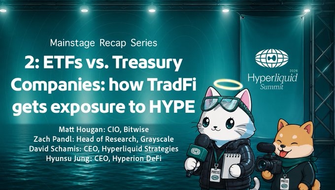A 'Mainstage Recap Series' slide for the 'Hyperliquid Summit 2026' promotes episode '2: ETFs vs. Treasury Companies: how TradFi gets exposure to HYPE,' featuring speakers Matt Hougan (Bitwise), Zach Pandl (Grayscale), David Schams (Hyperliquid Strategies), and Hyunsu Jung (Hyperion DeFi), alongside a cartoon cat and dog press.