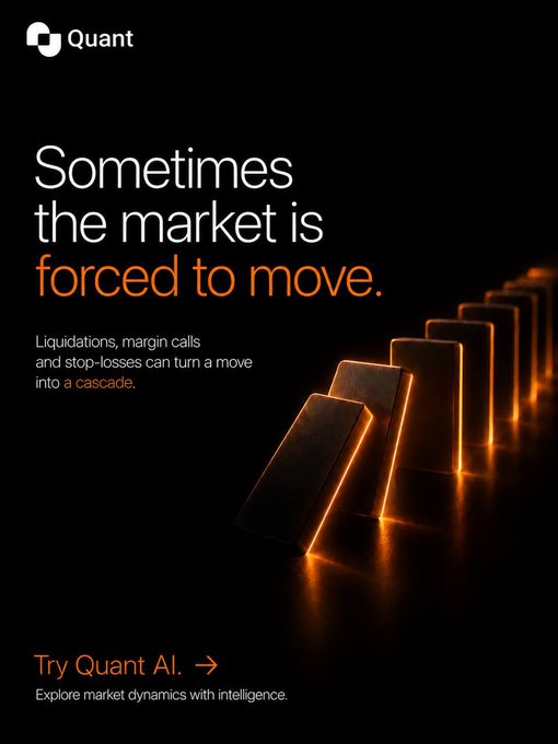 An advertisement for "Quant" featuring the text "Sometimes the market is forced to move" alongside a visual of glowing dominoes falling in a cascade effect.