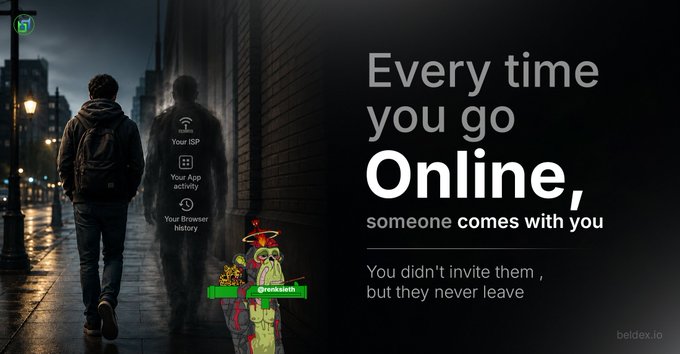 An advertisement with the text "Every time you go Online, someone comes with you" and "You didn't invite them, but they never leave", warning about ISP, app, and browser history tracking, branded with "beldex.io".