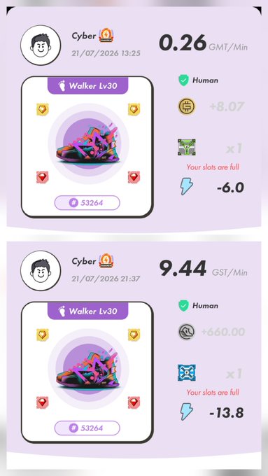Two Cyber app screenshots dated 21/07/2026 showing a Walker Lv30 NFT with GMT/Min earnings of 0.26 and 9.44 respectively, both noting 'Your slots are full' with energy costs.